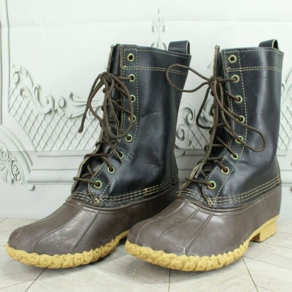 LL Bean Black Leather Lace Up Unlined Mid Calf Duck Boots Size 7 M - Picture 2 of 9